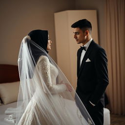 A groom with a thin build dressed in a sharp black suit stands beside his bride, who wears a hijab along with a delicate white veil and a remarkably crafted white wedding dress