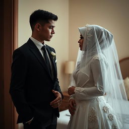 A groom with a thin build dressed in a sharp black suit stands beside his bride, who wears a hijab along with a delicate white veil and a remarkably crafted white wedding dress