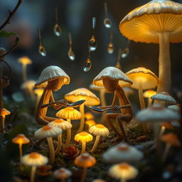 Imaginative scene featuring anthropomorphic myconid mushroom farmers with tall, slender arms and legs