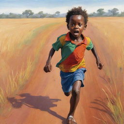 A 2D stylized, colorful sketch of a small African boy, clearly frightened, running across an expansive field. Stray from realism, emphasizing on boldly articulated flat colors and shapes.