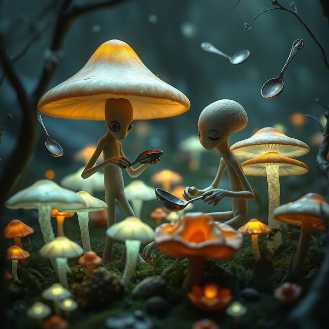 Imaginative scene featuring anthropomorphic myconid mushroom farmers with tall, slender arms and legs