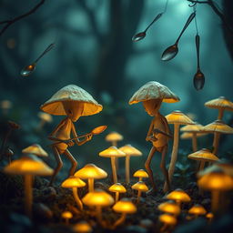 Imaginative scene featuring anthropomorphic myconid mushroom farmers with tall, slender arms and legs