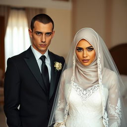 A groom with a thin build dressed in a sharp black suit stands beside his bride, who wears a hijab, a delicate white veil, and an intricately designed white wedding dress