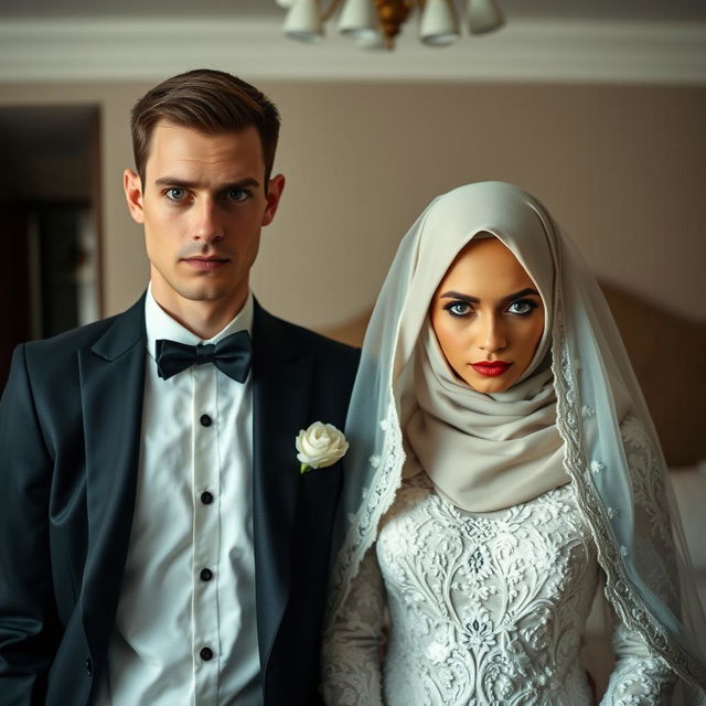 A groom with a thin build dressed in a sharp black suit stands beside his bride, who wears a hijab, a delicate white veil, and an intricately designed white wedding dress