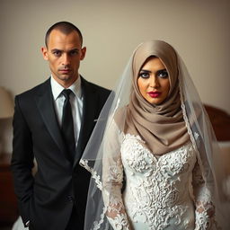 A groom with a thin build dressed in a sharp black suit stands beside his bride, who wears a hijab, a delicate white veil, and an intricately designed white wedding dress