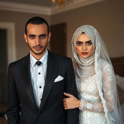 A groom with a thin build dressed in a sharp black suit stands beside his bride, who wears a hijab, a delicate white veil, and an intricately designed white wedding dress