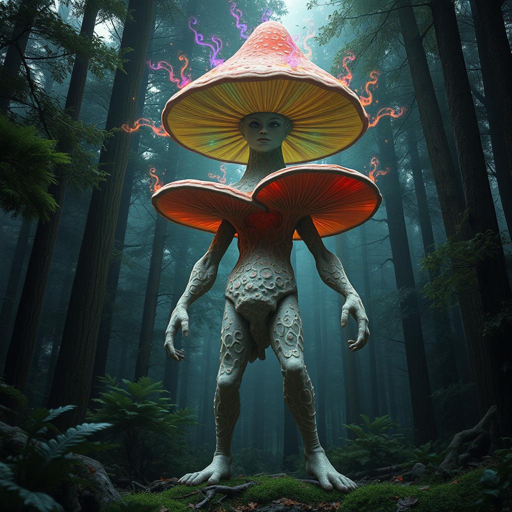 A majestic myconid farmer standing as tall as a tree, with humanoid arms and legs