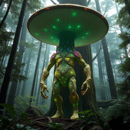 A majestic myconid farmer standing as tall as a tree, with humanoid arms and legs