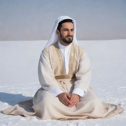 A 30-year-old man dressed in traditional Arabic clothes, featuring a white abaya and beige dashdasha, seated cross-legged in the snowy landscape, captured from the right side view.