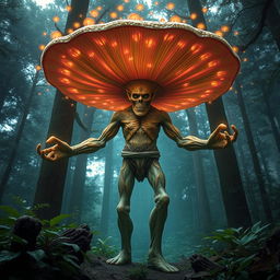 A majestic myconid farmer standing as tall as a tree, with humanoid arms and legs