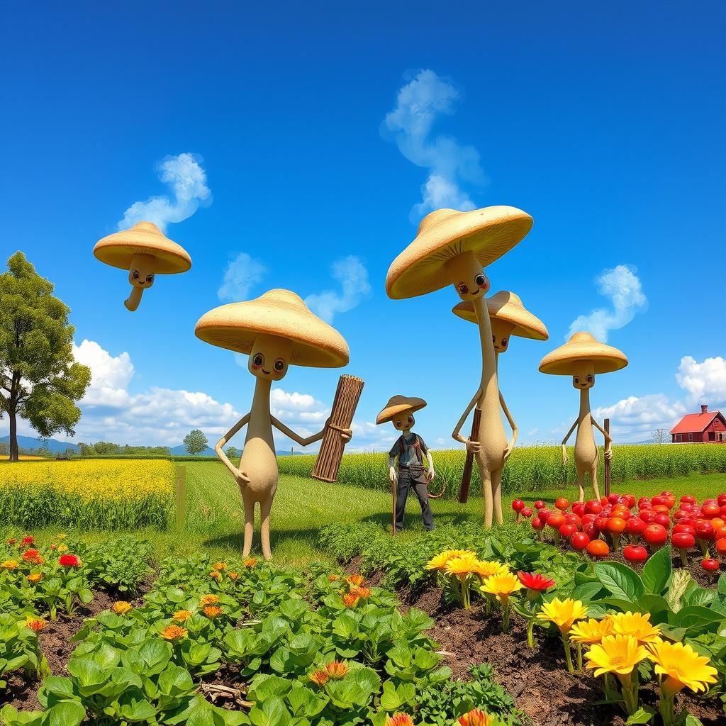 Tall happy myconid farmers with arms and legs working on a farm