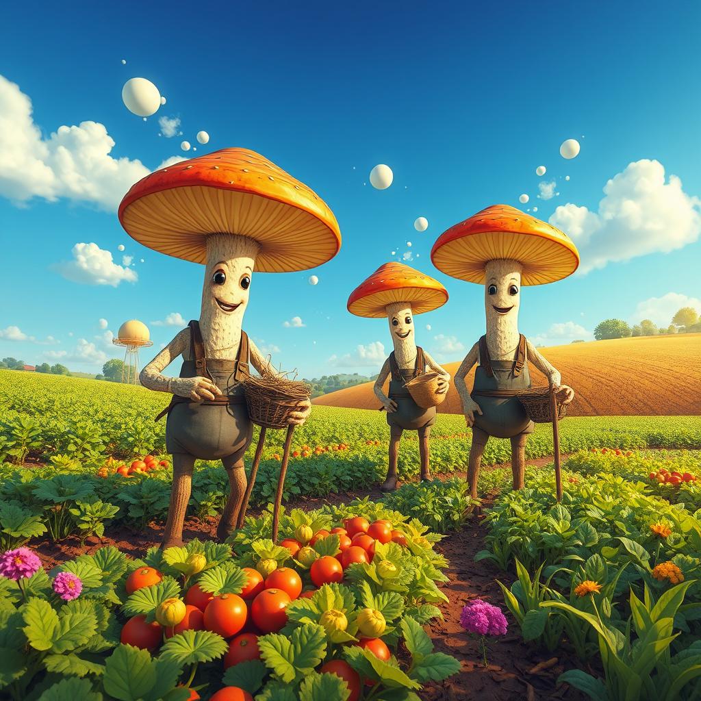 Tall happy myconid farmers with arms and legs working on a farm