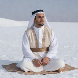 A 30-year-old man dressed in traditional Arabic clothes, featuring a white abaya and beige dashdasha, seated cross-legged in the snowy landscape, captured from the right side view.