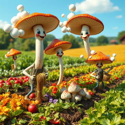 Tall happy myconid farmers with arms and legs working on a farm