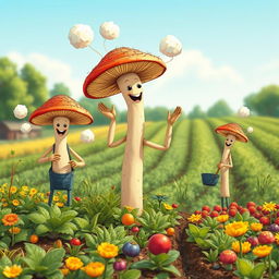 Tall happy myconid farmers with arms and legs working on a farm