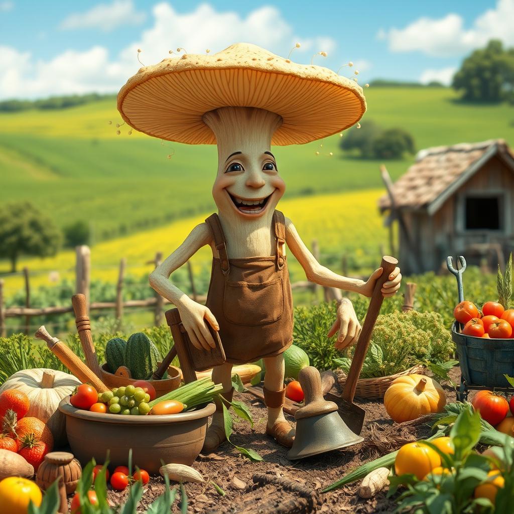 A tall and happy myconid farmer working on the farm