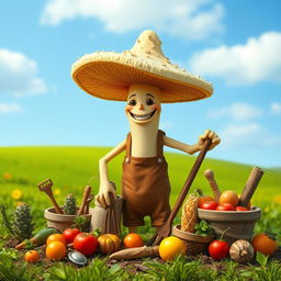 A tall and happy myconid farmer working on the farm