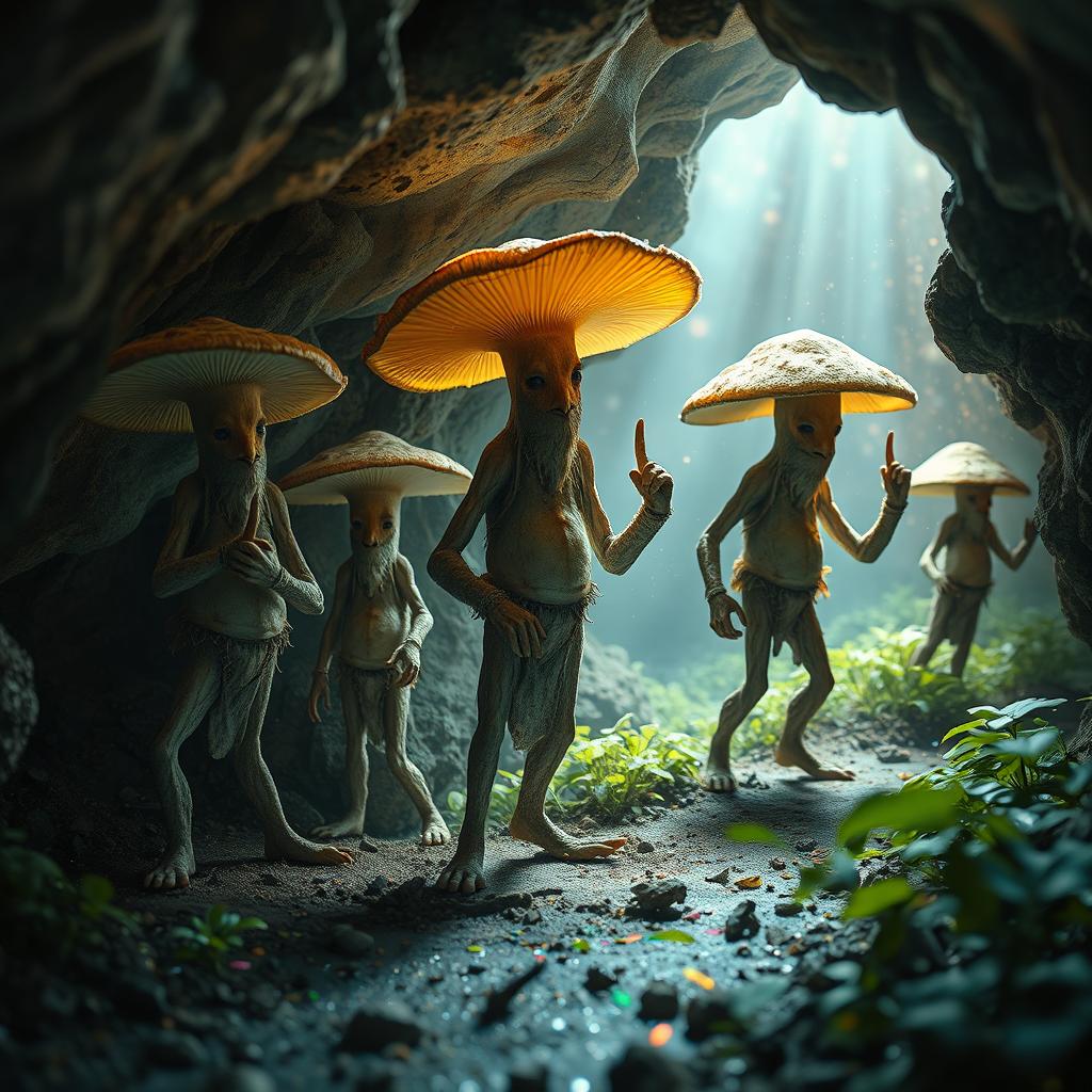 A group of tall myconid farmers with arms and legs, working diligently in an underground cave farm