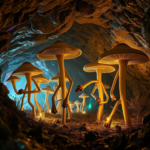 A group of tall myconid farmers with arms and legs, working diligently in an underground cave farm