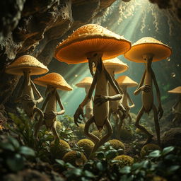 A group of tall myconid farmers with arms and legs, working diligently in an underground cave farm