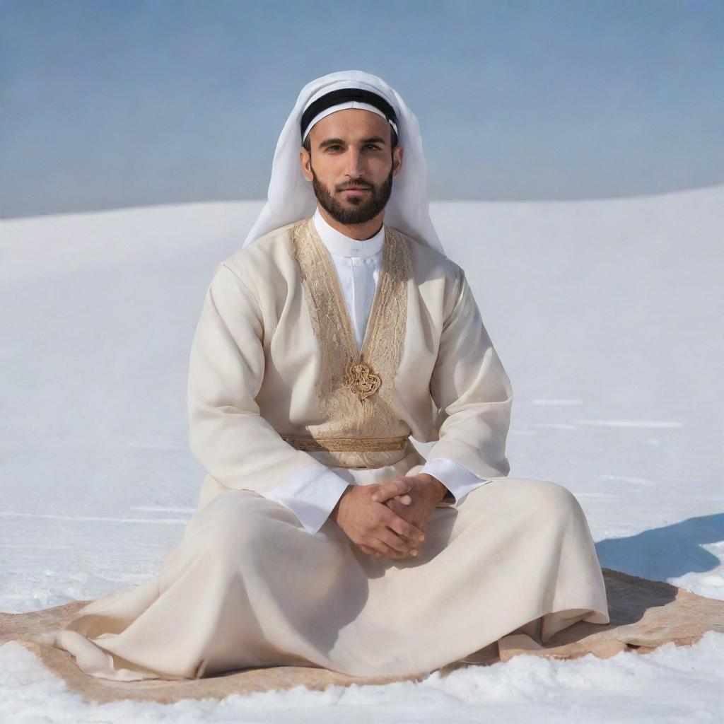 A 30-year-old man dressed in traditional Arabic clothes, featuring a white abaya and beige dashdasha, seated cross-legged in the snowy landscape, captured from the right side view.