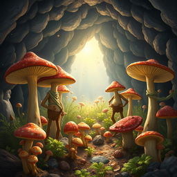 Tall Myconid farmers with arms and legs, standing amidst a mystical cave farm