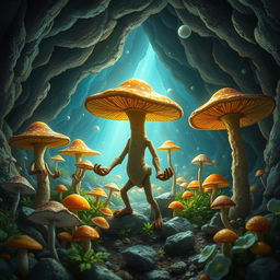 Tall Myconid farmers with arms and legs, standing amidst a mystical cave farm