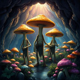 Tall Myconid farmers with arms and legs, standing amidst a mystical cave farm