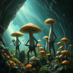 Tall Myconid farmers with arms and legs, standing amidst a mystical cave farm