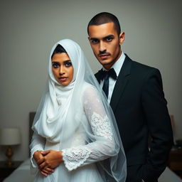 A groom with a slender build, dressed in a classic black suit, stands beside his bride who is adorned with a white hijab, an ethereal white veil, and a beautifully detailed white wedding dress