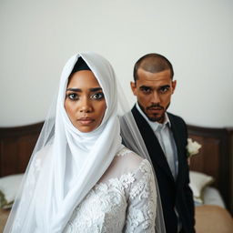 A groom with a slender build, dressed in a classic black suit, stands beside his bride who is adorned with a white hijab, an ethereal white veil, and a beautifully detailed white wedding dress