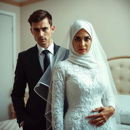 A groom with a slender build, dressed in a classic black suit, stands beside his bride who is adorned with a white hijab, an ethereal white veil, and a beautifully detailed white wedding dress