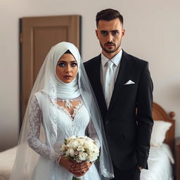 A groom with a slender build, dressed in a classic black suit, stands beside his bride who is adorned with a white hijab, an ethereal white veil, and a beautifully detailed white wedding dress