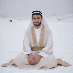 A 30-year-old man dressed in traditional Arabic clothes, featuring a white abaya and beige dashdasha, seated cross-legged in the snowy landscape, captured from the right side view.