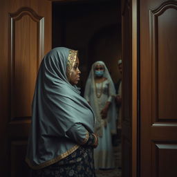 A dark-skinned woman with a full figure, adorned in a beautifully colored hijab, emerges from a wardrobe with an expression of mourning