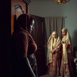 A dark-skinned woman with a full figure, adorned in a beautifully colored hijab, emerges from a wardrobe with an expression of mourning