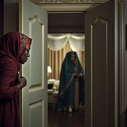 A dark-skinned woman with a full figure, adorned in a beautifully colored hijab, emerges from a wardrobe with an expression of mourning