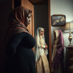 A dark-skinned woman with a full figure, adorned in a beautifully colored hijab, emerges from a wardrobe with an expression of mourning