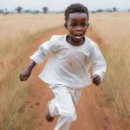 A 2D colorful sketched image of a small African boy in stark white clothes, exuding fear while running across the open field. The style should diverge from realism and accentuate on flat, vivid colors and shapes.