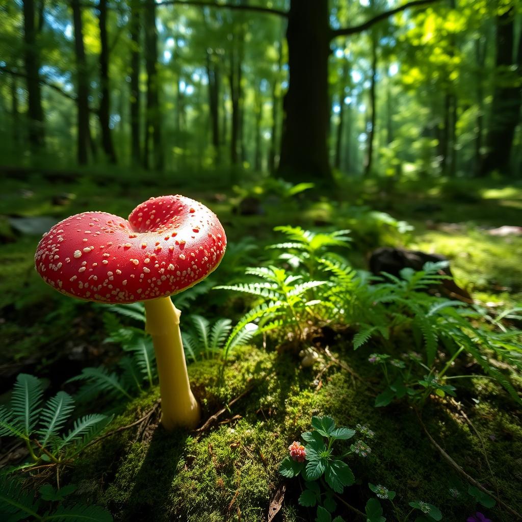 A heart-shaped mushroom growing in a lush, green forest