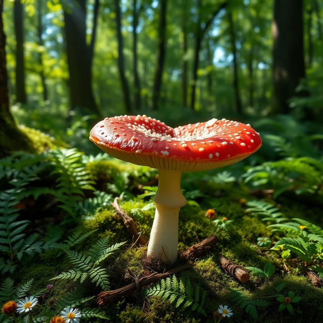 A heart-shaped mushroom growing in a lush, green forest