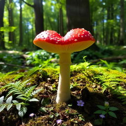 A heart-shaped mushroom growing in a lush, green forest