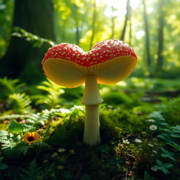 A heart-shaped mushroom growing in a lush, green forest