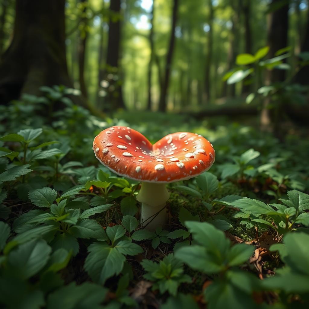 A heart-shaped mushroom nestled in a verdant forest floor, surrounded by lush green foliage and dappled sunlight filtering through the trees