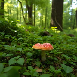 A heart-shaped mushroom nestled in a verdant forest floor, surrounded by lush green foliage and dappled sunlight filtering through the trees