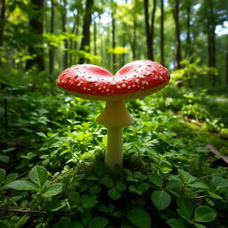 A heart-shaped mushroom nestled in a verdant forest floor, surrounded by lush green foliage and dappled sunlight filtering through the trees