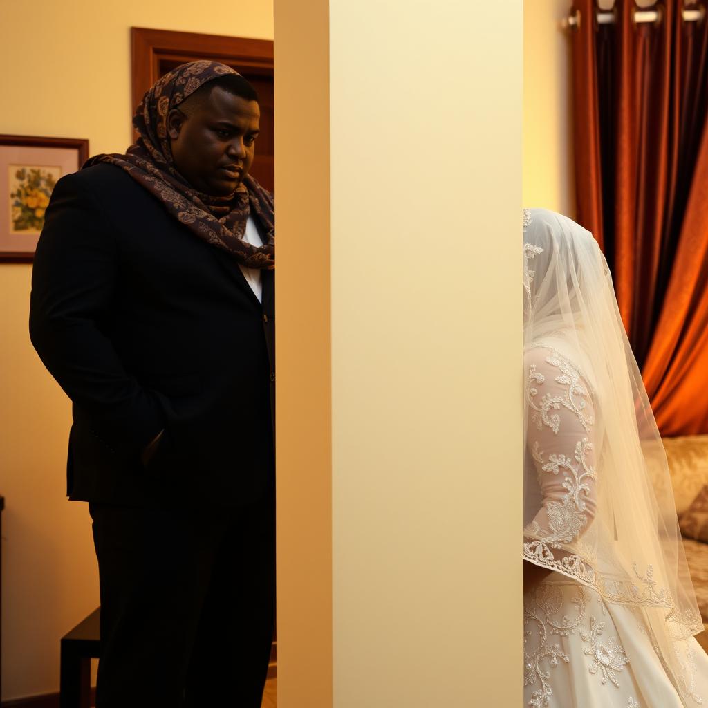 A full-figured, dark-skinned woman wearing a beautifully patterned hijab stands quietly behind a wall in an apartment, observing a groom and his bride