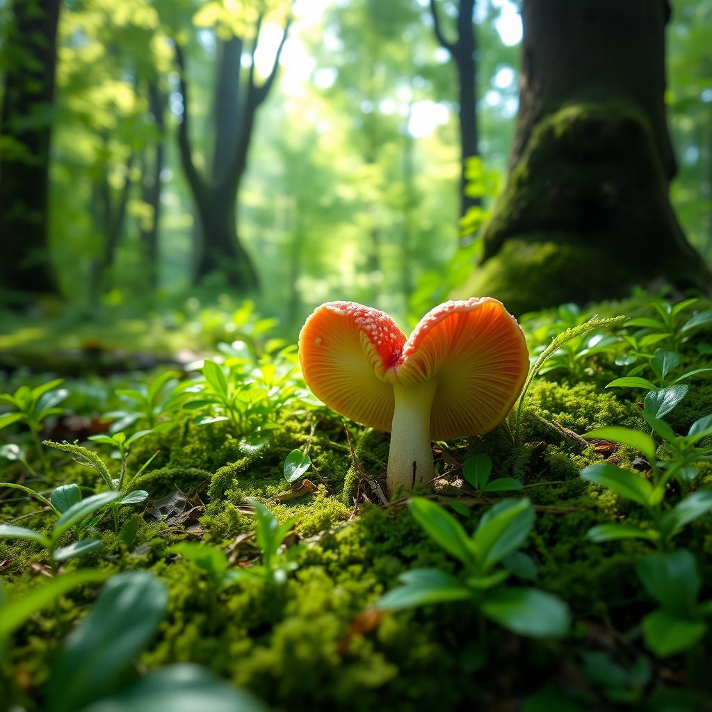 A heart-shaped mushroom nestled in a verdant forest floor, surrounded by lush green foliage and dappled sunlight filtering through the trees