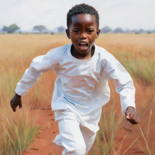 A 2D colorful sketched image of a small African boy in stark white clothes, exuding fear while running across the open field. The style should diverge from realism and accentuate on flat, vivid colors and shapes.