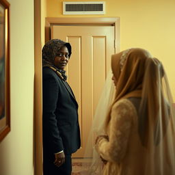 A full-figured, dark-skinned woman wearing a beautifully patterned hijab stands quietly behind a wall in an apartment, observing a groom and his bride